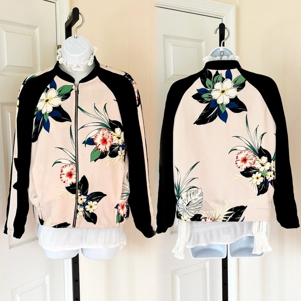 Women's Size S, Zara Basic Pink Black Tropical Floral Lightweight Bomber Jacket